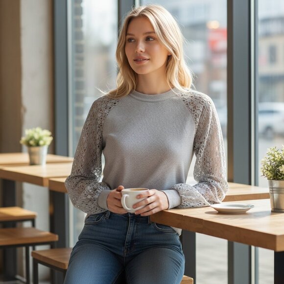 MIHOLL Tops - Waffle Knit Lace Sleeve Top